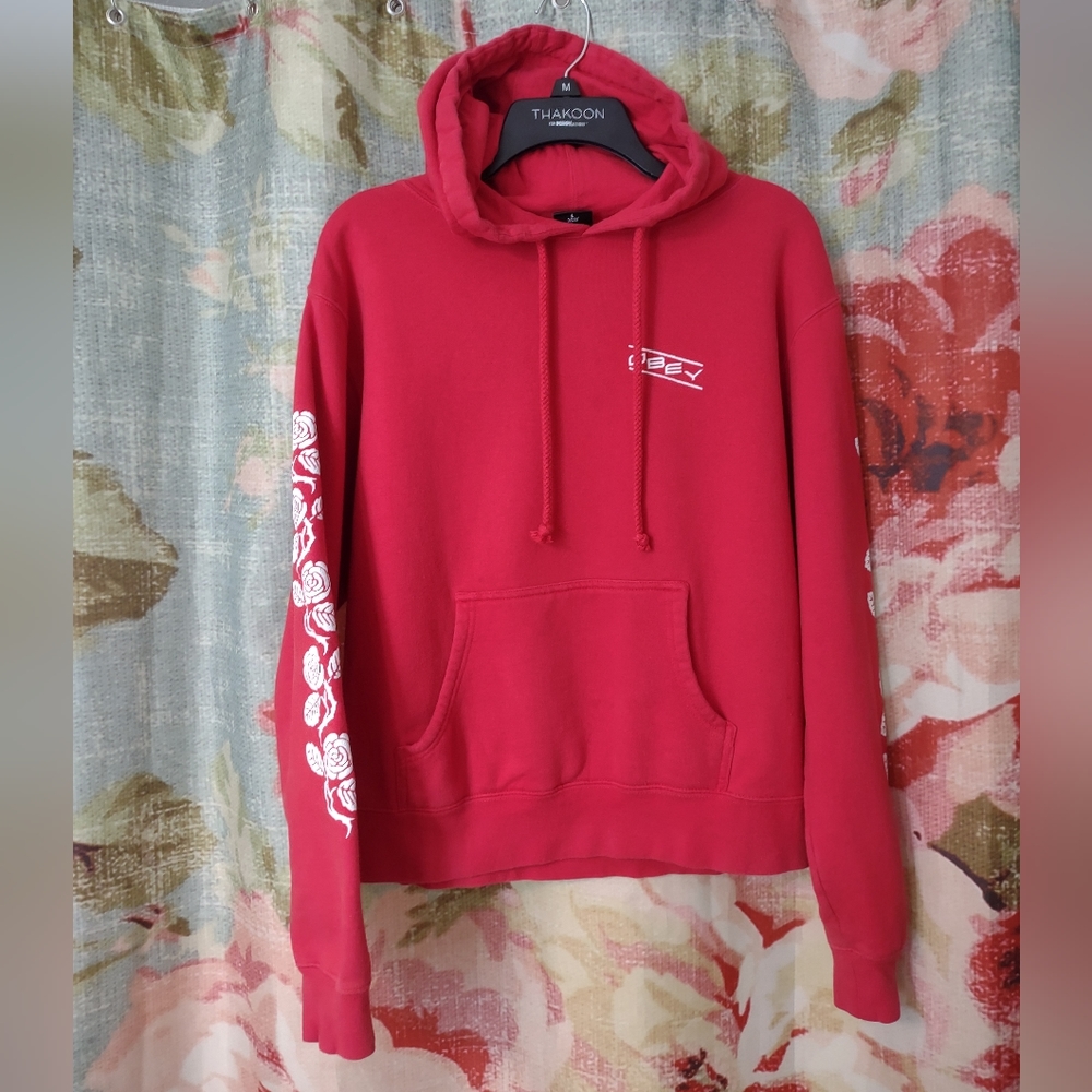 Obey Rose Vine, Red & White Hooded Sweatshirt EUC